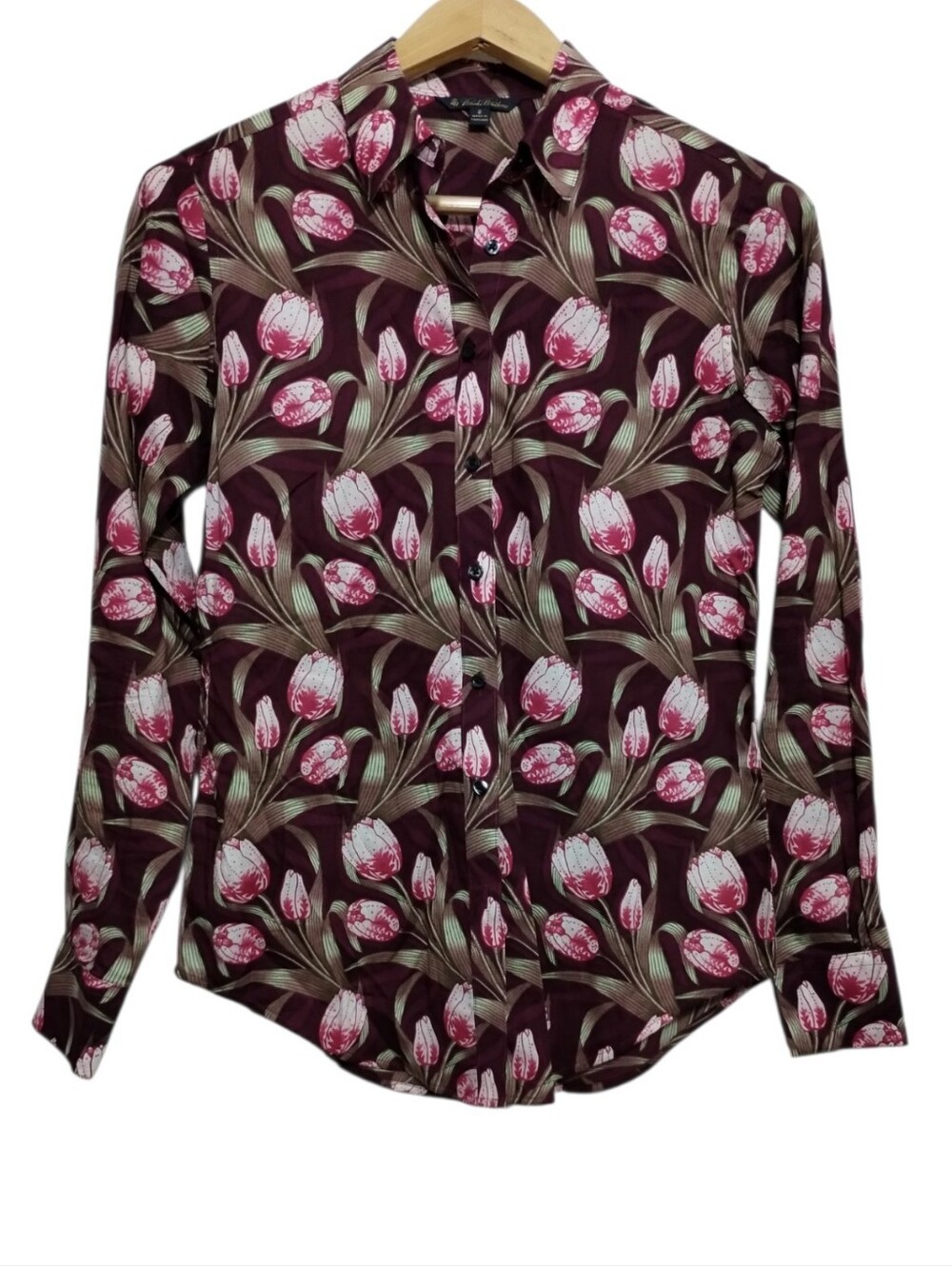 Brooks Brothers Burgundy Long-sleeve Button Up Womens 2 Blouse Top Floral Cotton